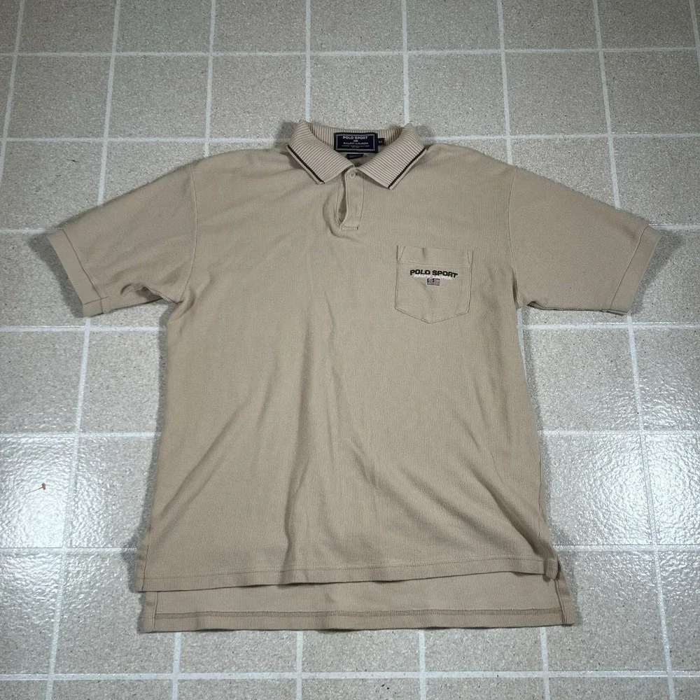 Vintage Polo Sport Ralph Lauren Shirt Sz M Tan Textured Pique Flag 90s
